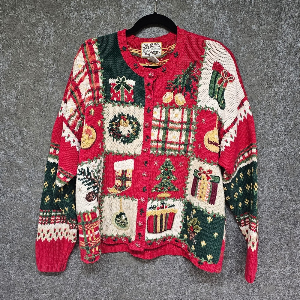 Heirloom Collectibles Christmas Cardigan Sweater Womens Medium Red Patchwork
